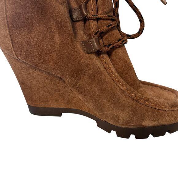 Nine West Chocolate Brown Suede Wedge High Heel Booties 8 Medium Boho Casual - Picture 2 of 8